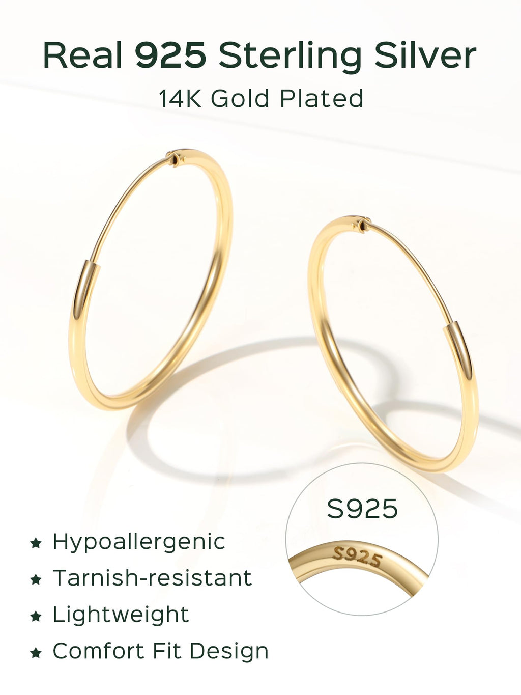 ChicSilver 14k Gold Plated Silver Hoop Earrings for Women 14k Real Gold Plated Sterling Silver Hoop Earrings for Women Hypoallergenic Small Silver Earring 30MM