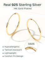 ChicSilver 14k Gold Plated Silver Hoop Earrings for Women 14k Real Gold Plated Sterling Silver Hoop Earrings for Women Hypoallergenic Small Silver Earring 30MM