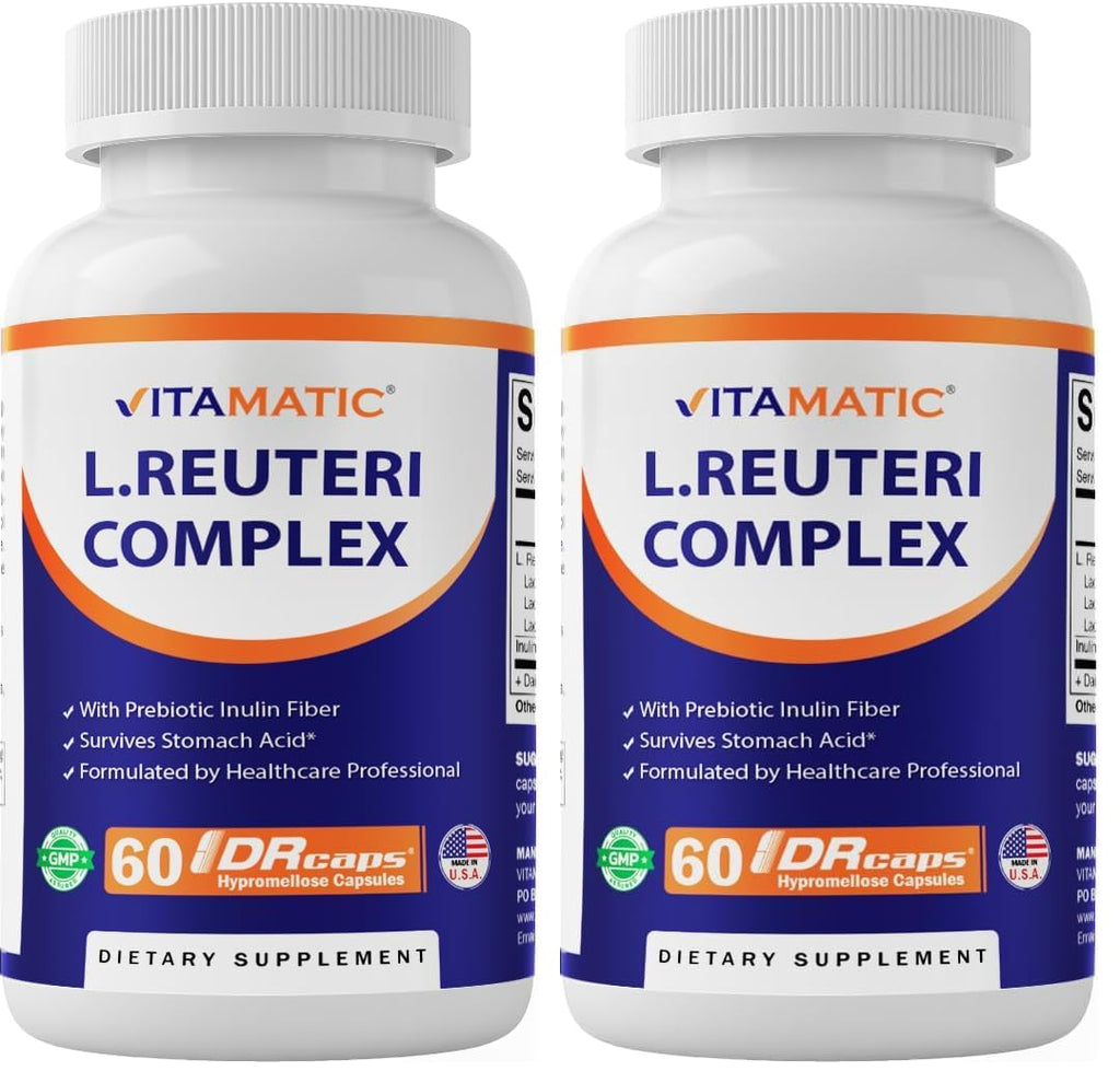 Vitamatic Lactobacillus Reuteri Complex – 22 Billion CFU per Delayed Release Capsule – 60 Capsules – Digestive & Gut Health Support – with Prebiotic Inulin Fiber (Pack of 2)
