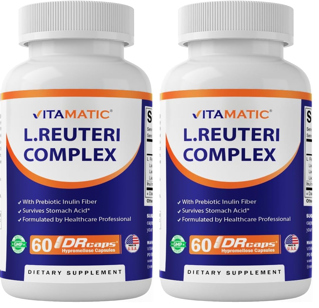 Vitamatic Lactobacillus Reuteri Complex – 22 Billion CFU per Delayed Release Capsule – 60 Capsules – Digestive & Gut Health Support – with Prebiotic Inulin Fiber (Pack of 2)