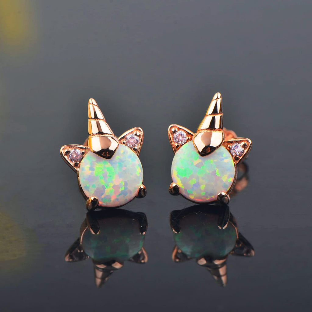 Rose Gold Plated Unicorn Earrings, 14K Hypoallergenic Earrings for Kids ARSKRO S925 Sterling Silver Post Cute Tiny Small Fire Opal Stud Jewelry Gifts for Little Teen Girl Sensitive Ears