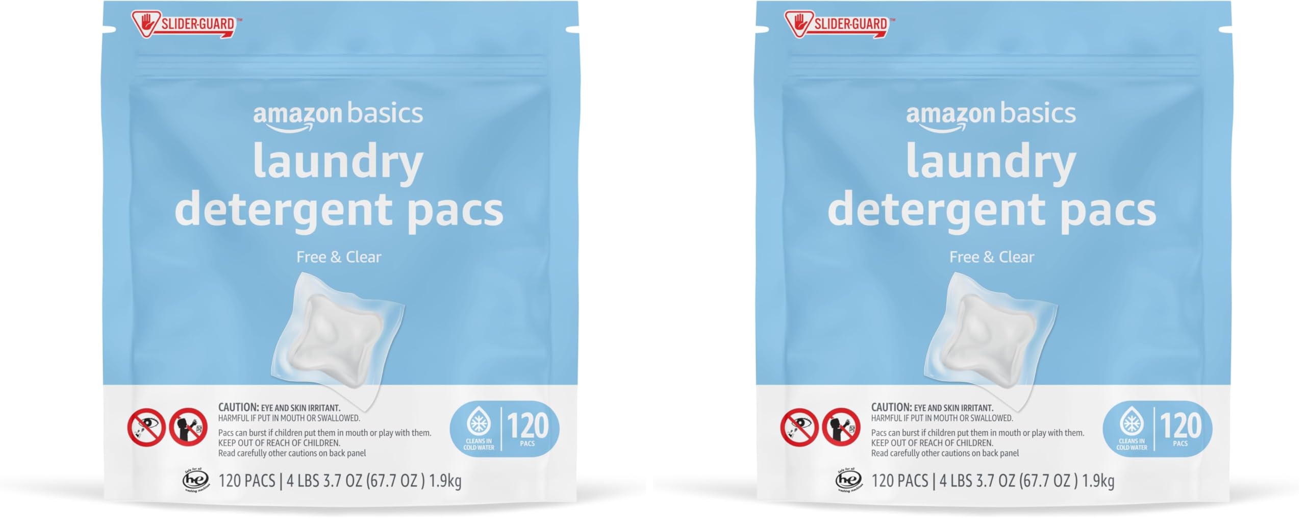Amazon Basics Laundry Detergent Pacs, Free & Clear, Hypoallergenic, Fragrance Free, HE Compatible, Easy to Use, (New Packaging) 120 Count (Pack of 2)