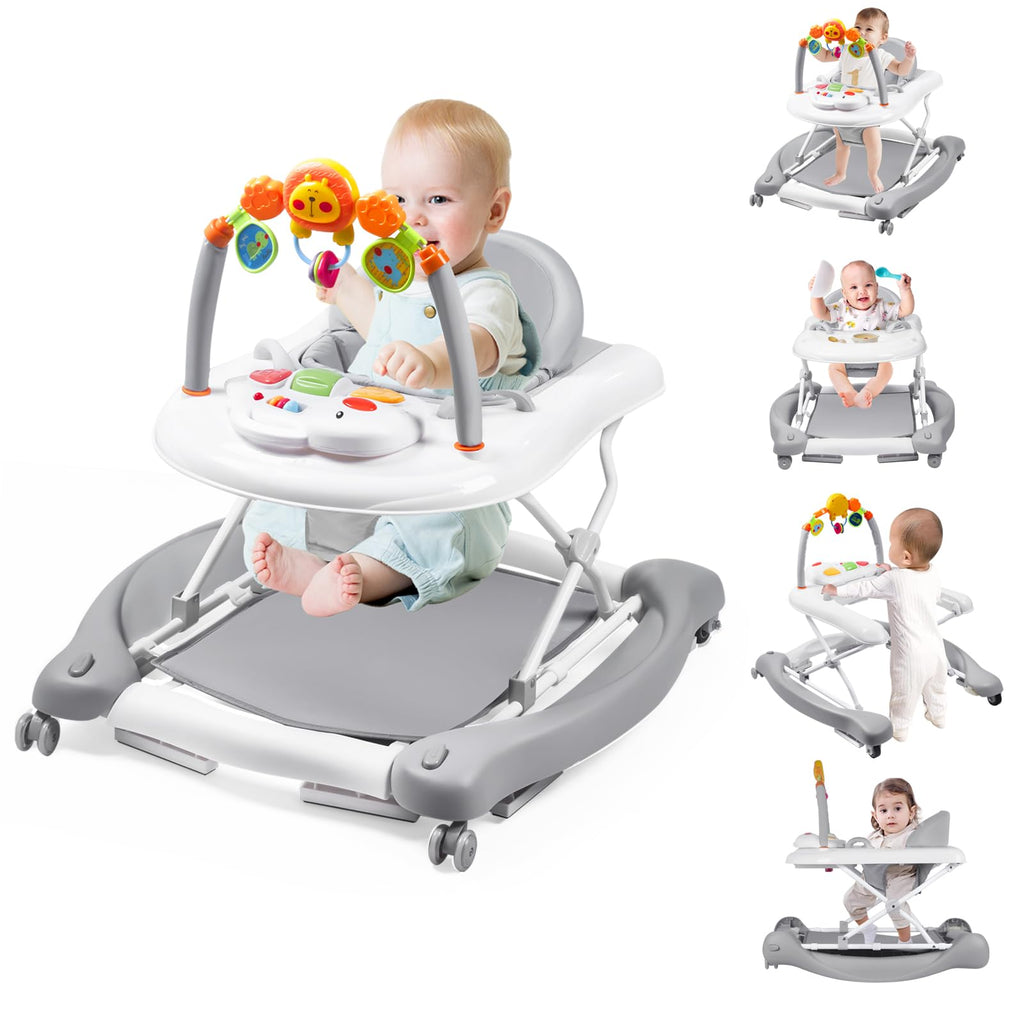 Boyro Baby Baby Walker, 5-in-1 Baby Walkers for Boys and Girls 6-12 Months with Bouncer, Removable Footrest, Feeding Tray & Music, Foldable & Adjustable Activity Walker for 6-18 Months Toddler Infant