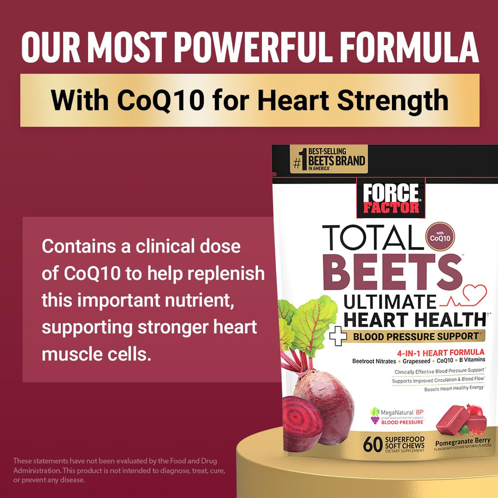 Force Factor Total Beets Blood Pressure Support Supplements with Beet Powder, Great-Tasting Chewables for Heart-Healthy Energy, and Increased Nitric Oxide, 60 Chews