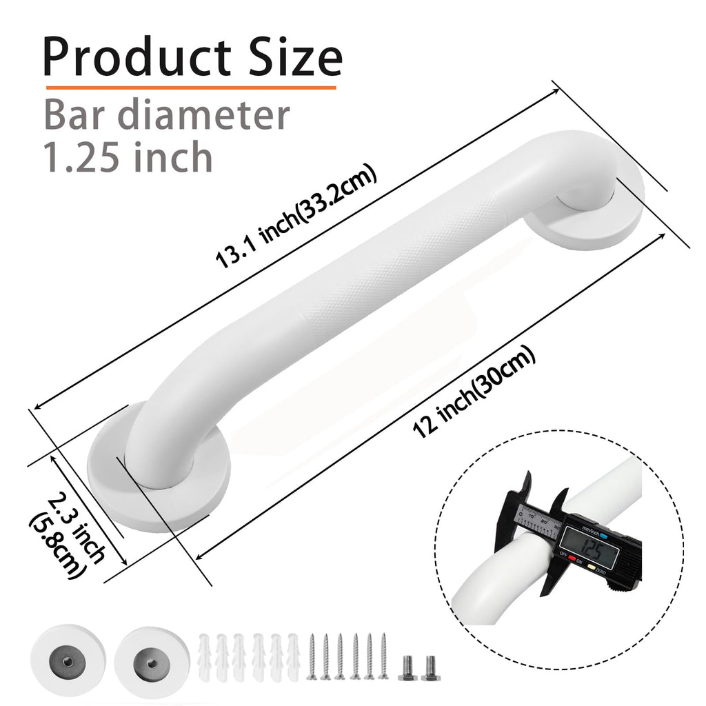 Shower Grab Bar, 2 Pack 12 Inch White Bathroom Grab Bar, 1.25" Diameter 304 Stainless Steel Anti-Slip Grab Bars for Bathtubs and Showers, Handicap Shower Grab Bar for Seniors Elderly