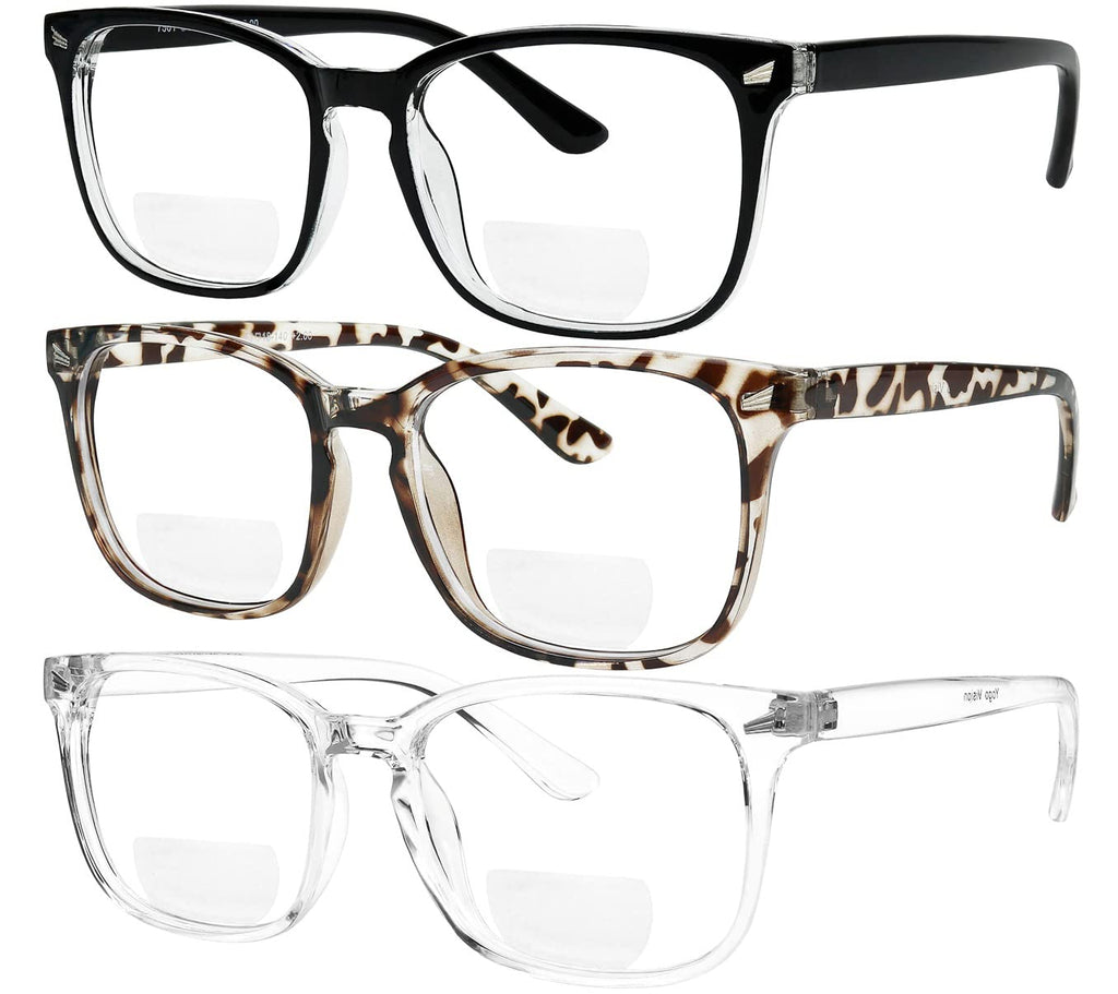 Yogo Vision Bifocal Reading Glasses for Women Men Rectangle Multifocal Readers Fashion Nerd Eyeglasses 3 Pack: Black, Clear, Grey Havana 2.5