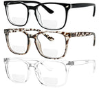 Yogo Vision Bifocal Reading Glasses for Women Men Rectangle Multifocal Readers Fashion Nerd Eyeglasses 3 Pack: Black, Clear, Grey Havana 2.5