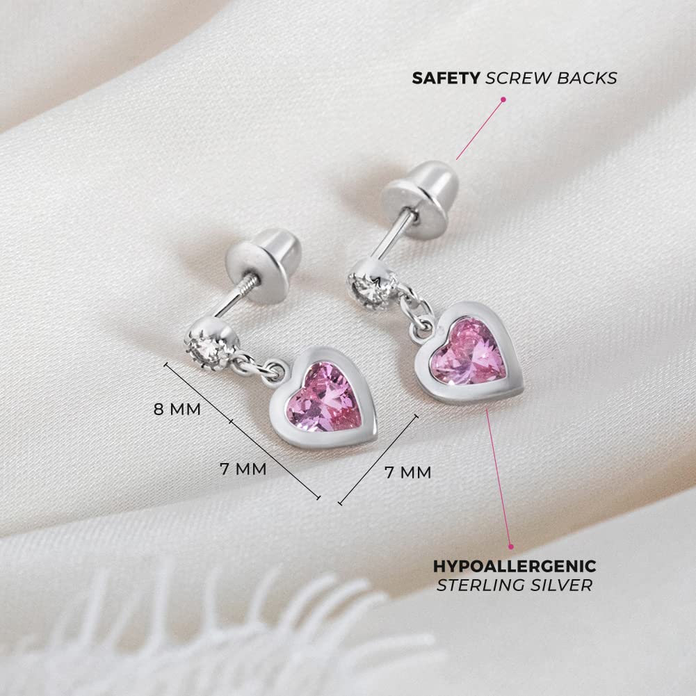 In Season Jewelry CZ Dangle Heart Kids Earrings - 925 Sterling Silver Hypoallergenic Earrings for Girls with Secure Screw Backs - Safe & Comfortable for Toddlers, Kids & Little Girls, Pink