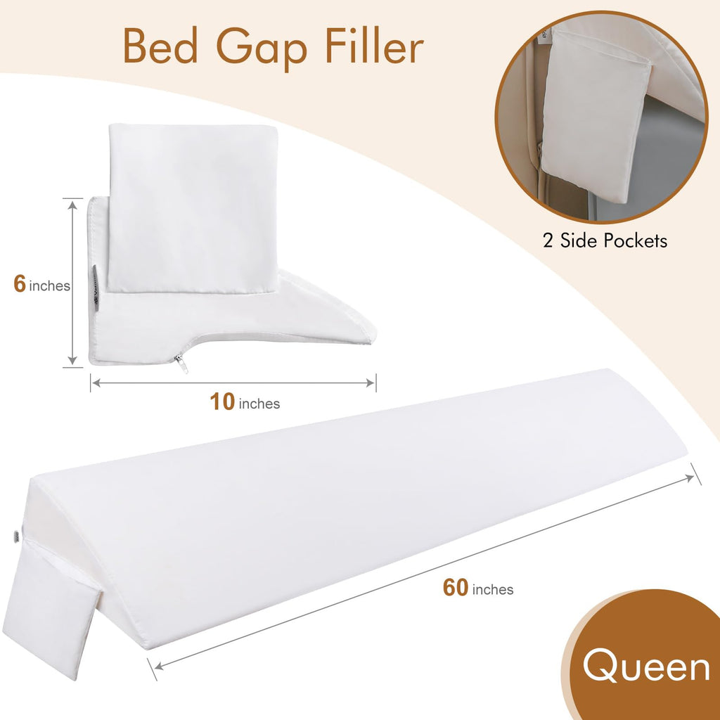 Vekkia Queen Bed Wedge Pillow for Headboard Gap Filler(0-5"),High-Density Foam,Prevent Pillow & Item from Falling,Ergonomic Design,Large Storage Pockets, Removable&Washable Cover,White,60''x10 x6