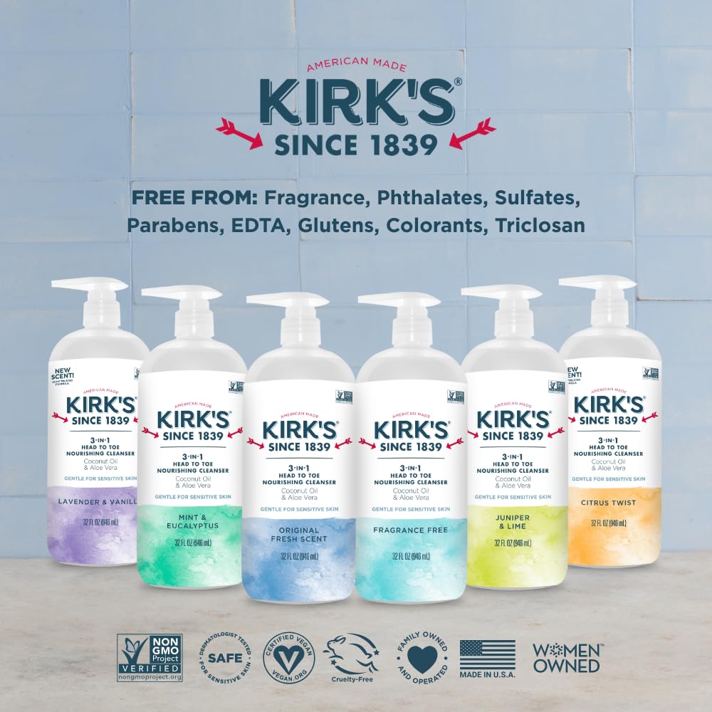 Kirk's 3-in-1 Head to Toe Nourishing Liquid Cleanser- for Men, Women & Children - Premium Coconut Oil & Aloe Vera- Non GMO & Vegan -Fragrance Free - 32 Fl Oz.