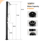 VINGLI 5 Gallon Solar Heated Outdoor Shower, 7.2 FT Height, Freestanding Outside Shower with 360° Swivel Shower Head & Foot Faucet, Hot & Cold Water Adjustment, Black