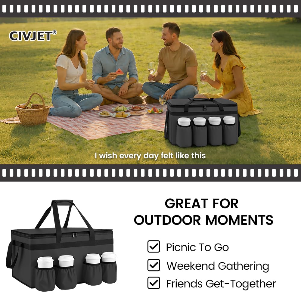 CIVJET Insulated Food Delivery Bag with 4 Cup Holders, XX-Large Insulated Grocery Bags Keep Food Hot/Cold, Cooler Bags with Drink Carrier, Food Carrier Catering Bag, Commercial Food Warmers, Black