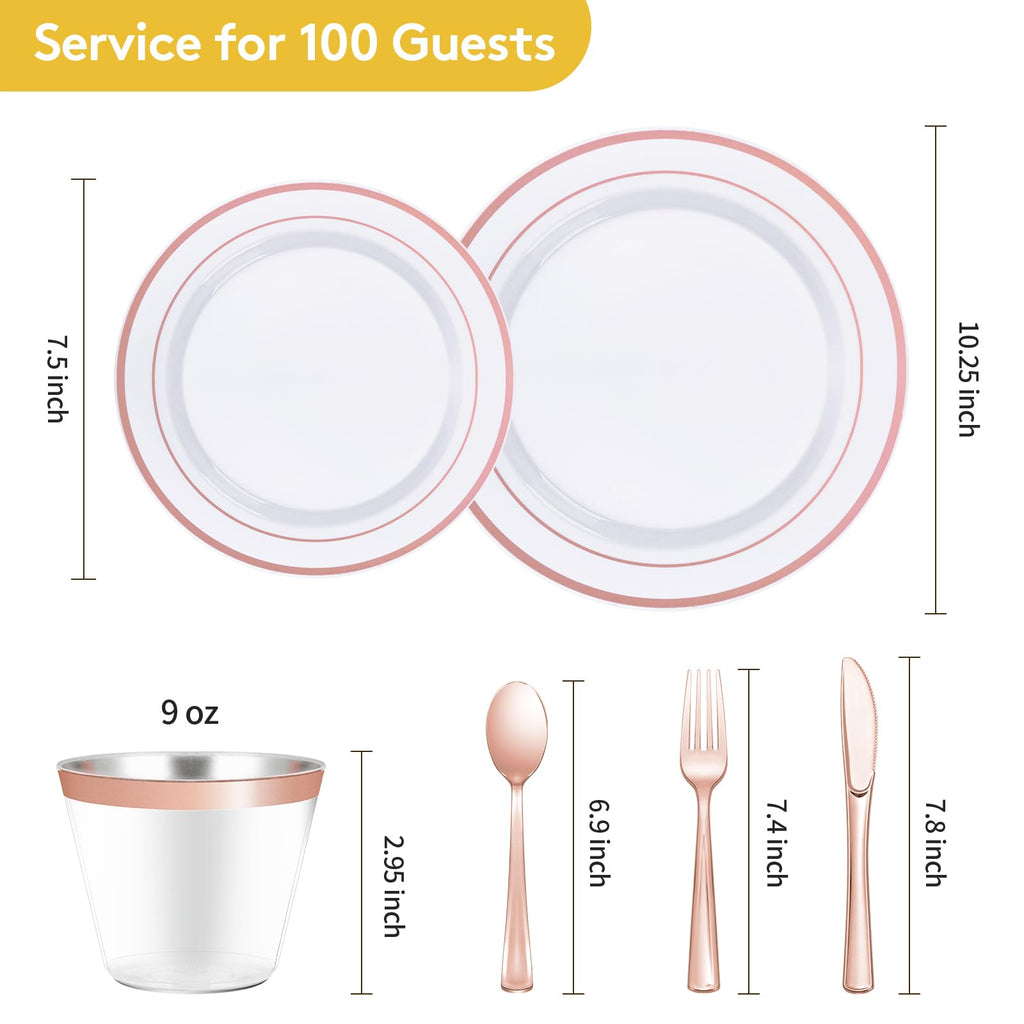 Goodluck 600 Pieces Rose Gold Disposable Plates for 100 Guests, Plastic Plates for Party, Wedding, Dinnerware Set of 100 Dinner Plate, 100 Salad Plates, 100 Spoons, 100 Forks, 100 Knives, 100 Cups