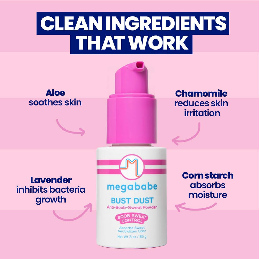Megababe Sweat Absorbing Body Powder - Bust Dust, with Applicator Pump, Summer and Hot Weather Must-Have, Talc-Free, All Natural, 3 oz