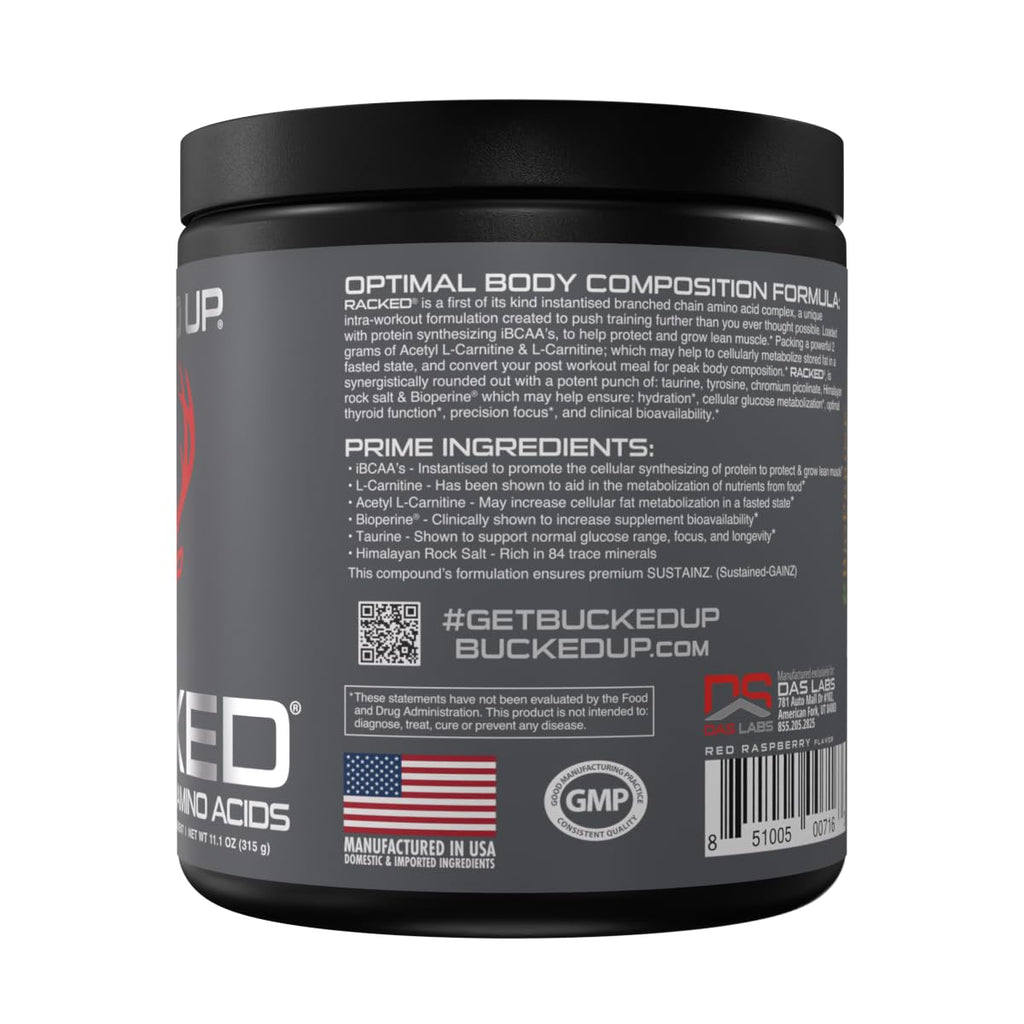 Bucked Up- BCAA RACKED™ Branch Chained Amino Acids | L-Carnitine, Acetyl L-Carnitine, GBB | Post Workout Recovery, Protein Synthesis, Lean Muscle BCAAs That You Can Feel! 30 Servings (Blood Raz)