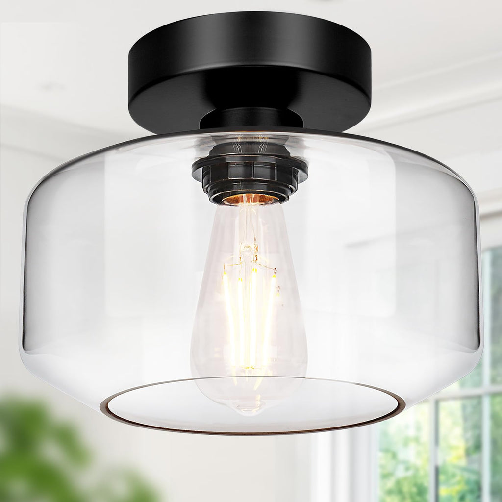 Lynnoland Industrial Semi Flush Mount Ceiling Light Black, Clear Glass Shade Ceiling Light Fixture, Farmhouse Light Fixtures for Hallway Corridor Kitchen Bathroom Bedroom Passway Foyer