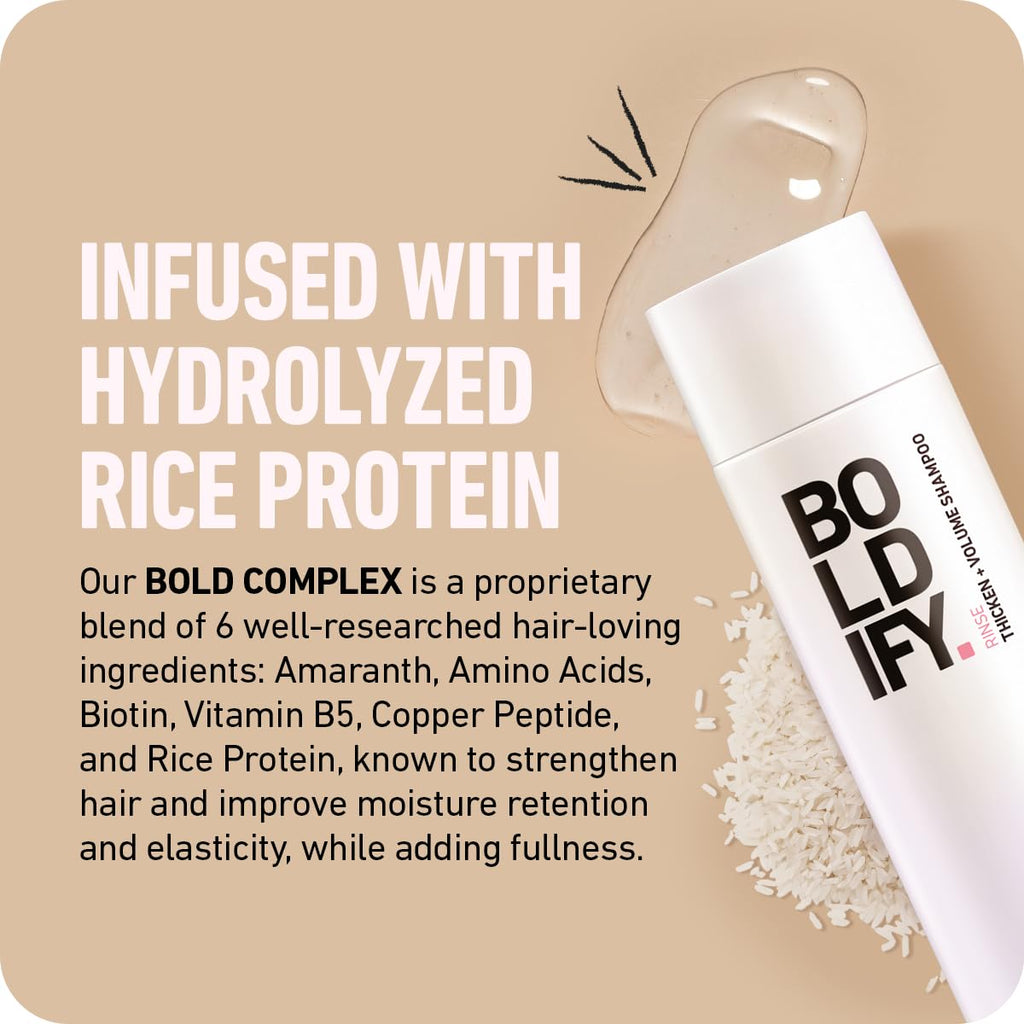 BOLDIFY Thickening Shampoo - Rice Water for Thinning and Oily Hair - Volumizing Shampoo for Fine Hair, Weightlessly Removes Excess Oil - 8oz