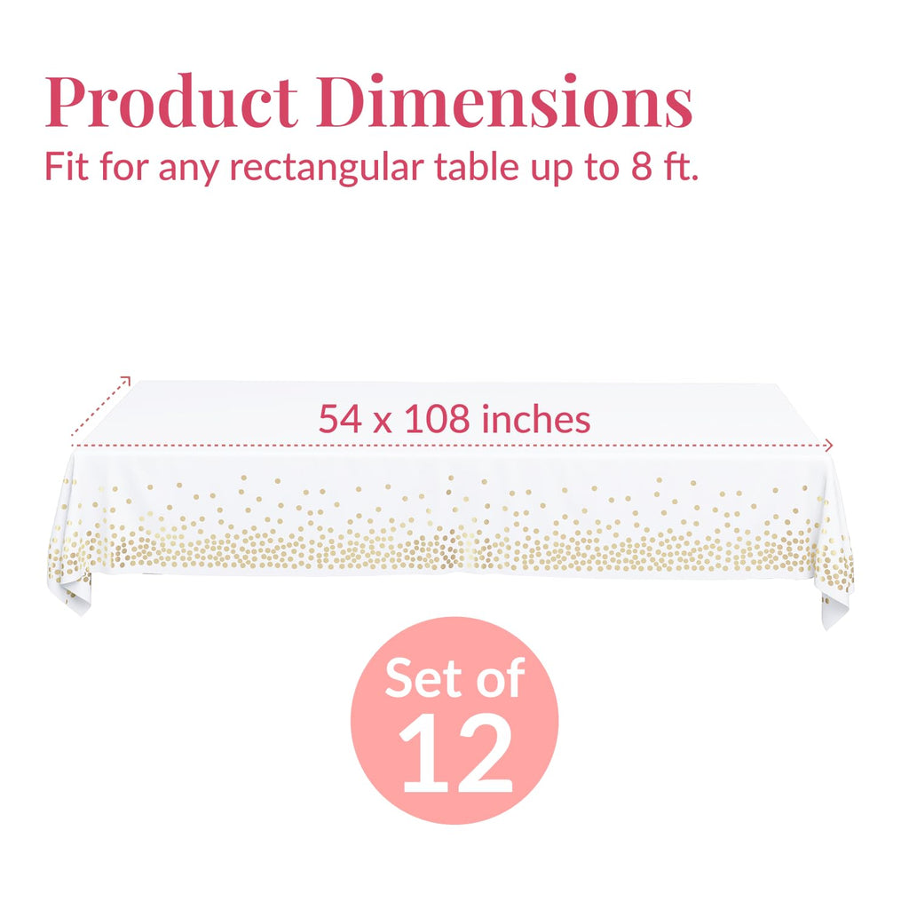 Prestee 12-Pack White and Gold Tablecloth - 54x108 Inch - Disposable Table Covers for Party, Weddings, and Holidays - Waterproof Christmas Tablecloth, Stain-Resistant Plastic Table Cover Set
