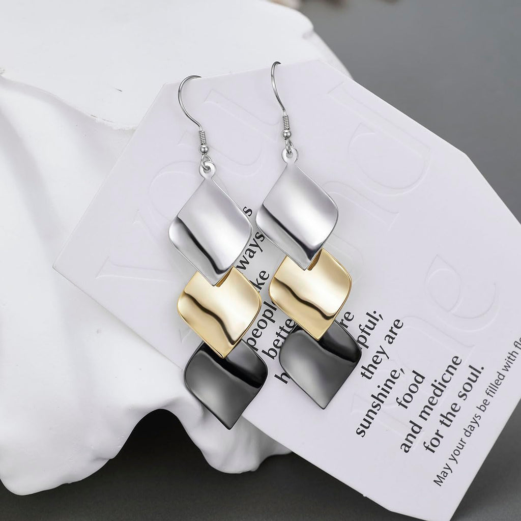 GLPAHA Tri-color Square shiny Drop Earrings for women 925 Sterling Silver Hooks