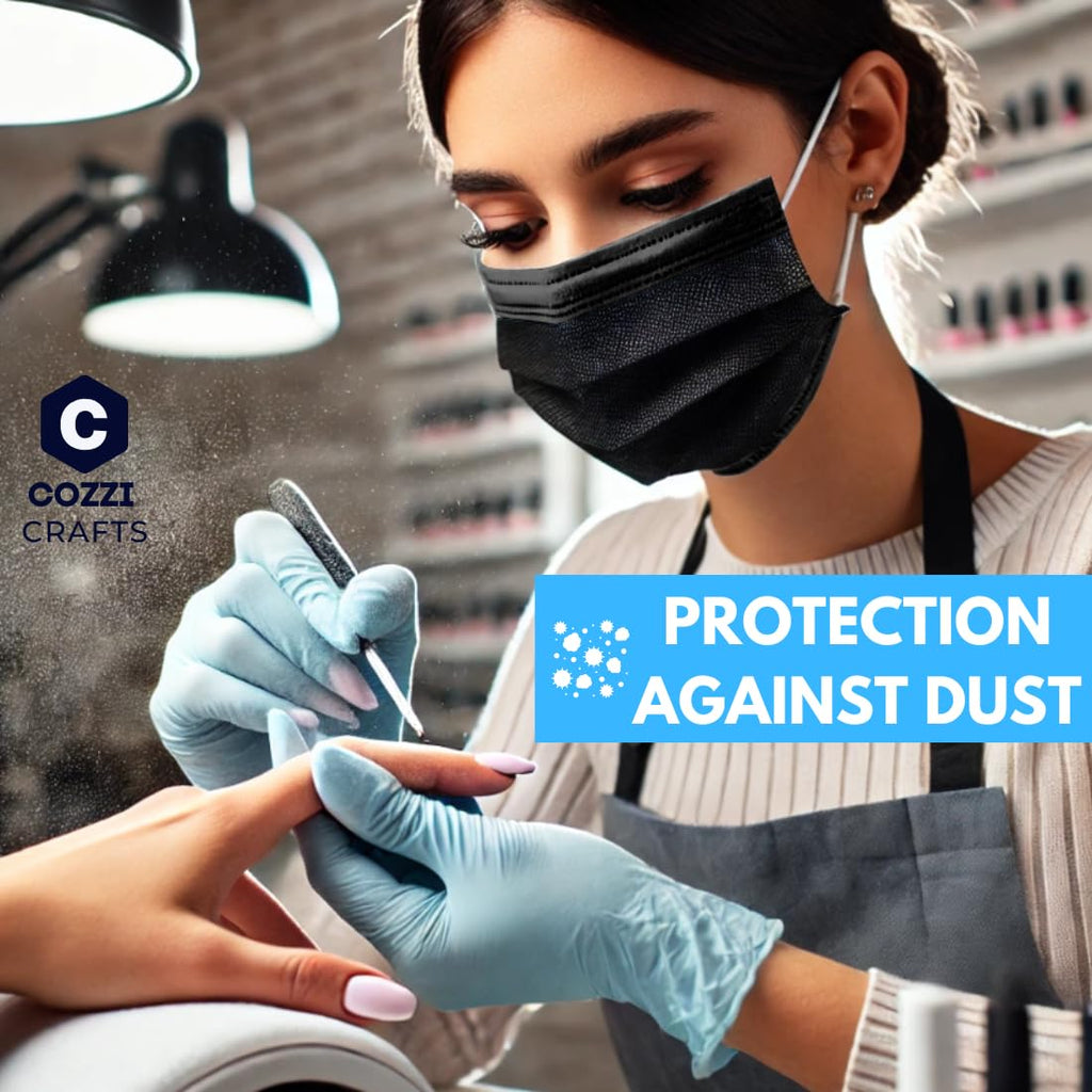 Cozzi Crafts Black Face Masks Disposable 100 Pack 3 Ply Facemask with White Inside, Dust & Allergy Mask, 3 Layer Adult Breathable