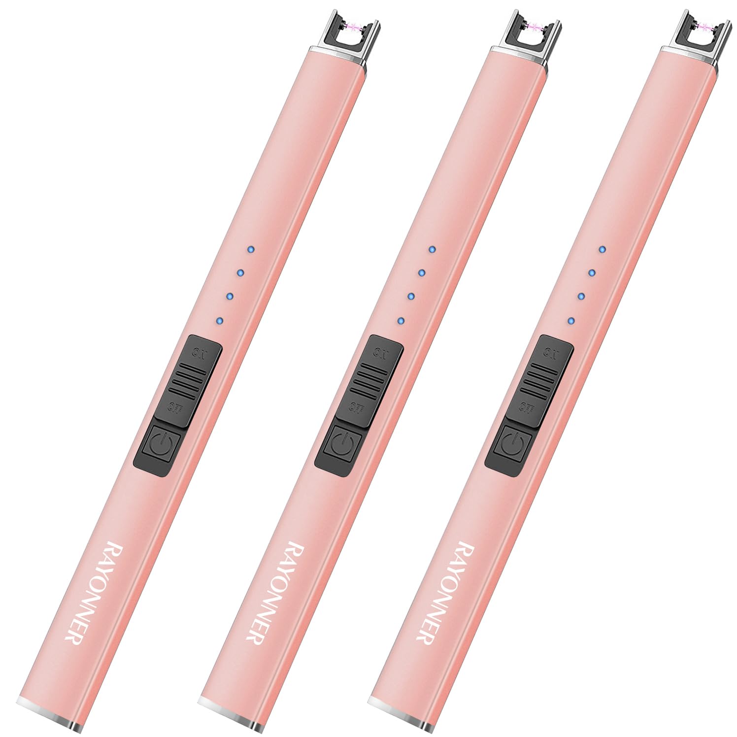 RAYONNER Electric Candle Lighter - USB Rechargeable, Flameless Plasma, Windproof, Pocket Size for Candle, Cooking, BBQ, Firework (Rose Gold, 3 Pack)