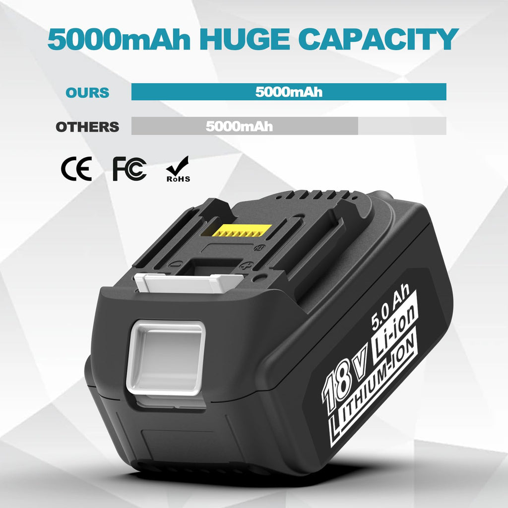 CHAUNVEN 2 Packs 5.0Ah 18V Battery Replacement for Makita 18V Battery BL1850B BL1840B 1860B BL1830B BL1815B Compatible with Makita 18 Volt Cordless Power Tool and Charger