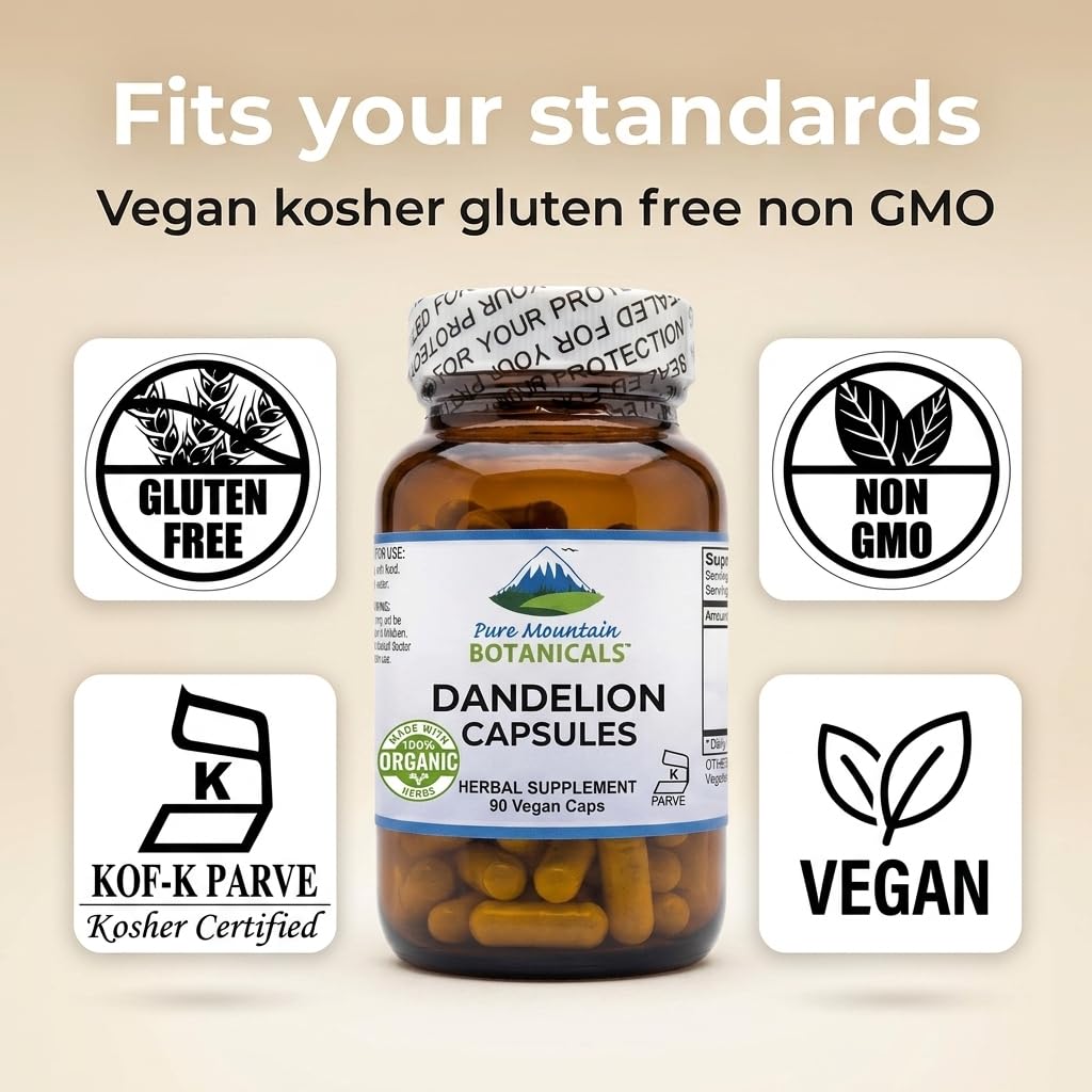 Pure Mountain Botanicals Dandelion Root Capsules - 450mg Organic Supplement - 90 Kosher Vegan Non-GMO Dandelion Pills