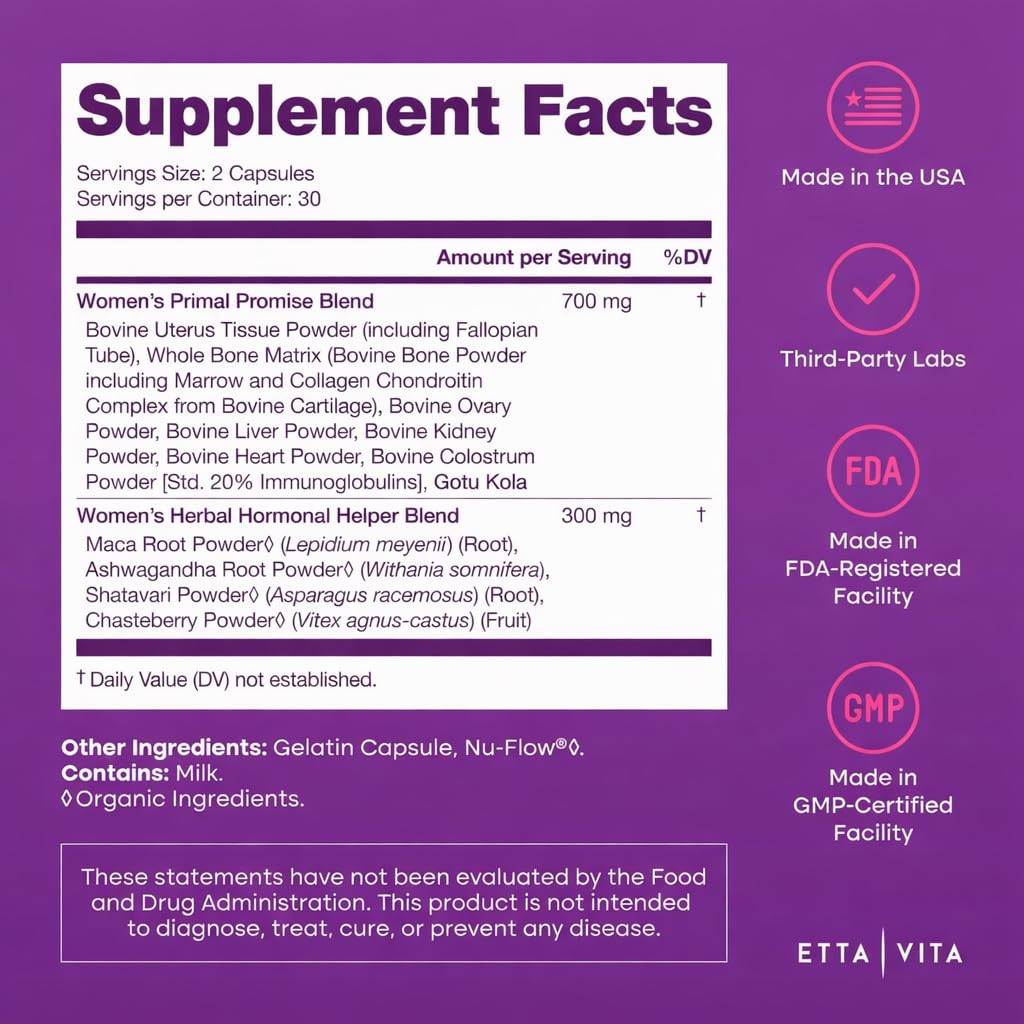Primal Beef Organ Supplement for Women (Made in USA) Boosted w Shatavari, Maca, Ashwagandha, and Chasteberry - Grass Fed Uterus, Ovary, Liver, Kidney, Heart Bone Matrix, Gotu Kola and Queen Colostrum