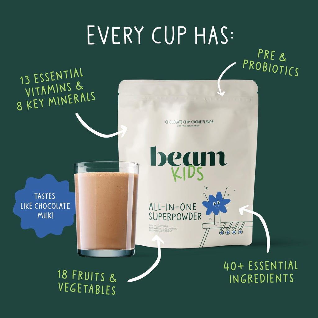 Beam Kids Multivitamin Powder – Kids Vitamins with Greens, Probiotic & Prebiotic, Immune Support for Children & Toddlers, No Artificial Sweeteners, For Picky Eaters, 20 Servings, Chocolate Chip Cookie