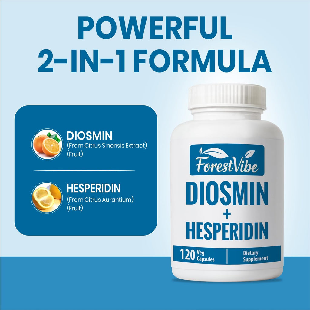 ForestVibe Diosmin Hesperidin 1000mg Complex, Citrus Bioflavonoid Rich Fruit Extract, 120 Vegan Capsules, 2 Month Supply, Non-GMO and Gluten Free Diosmin Supplement