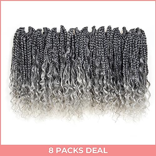 ToyoTress Boho Box Braids Crochet Hair - 16 Inch 8 Packs Ombre Gray Box Braids Crochet Hair Curly End Crochet Braids, Shouler Length Pre-looped Synthetic Braidsing Hair (16 Inch, T-Gray-8P)