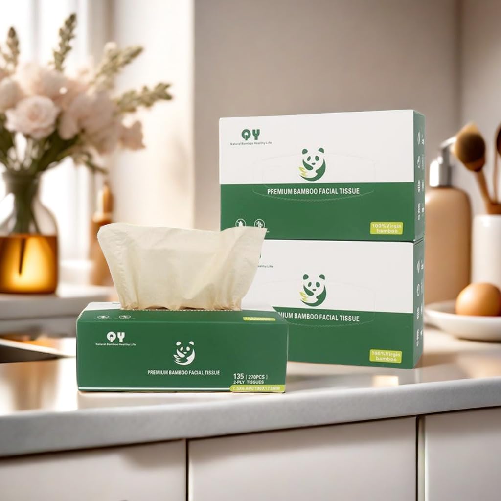 QingYa Unbleached Bamboo Facial Tissues - 12 Boxes of 100% Natural, Hypoallergenic, 134 Sheets per Box, FSC Certified, Eco - Friendly, Ultra - Soft & Gentle for Everyday Home and Office Use