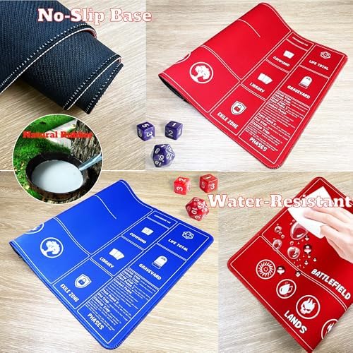 Card Game MTG Playmat for Beginner 2 Pack with Dices, Magic Mat Commander Deck Playmat for TCG MTG Accessories Play Mat 24x14 Inches Duel Card Battles, Red/Blue