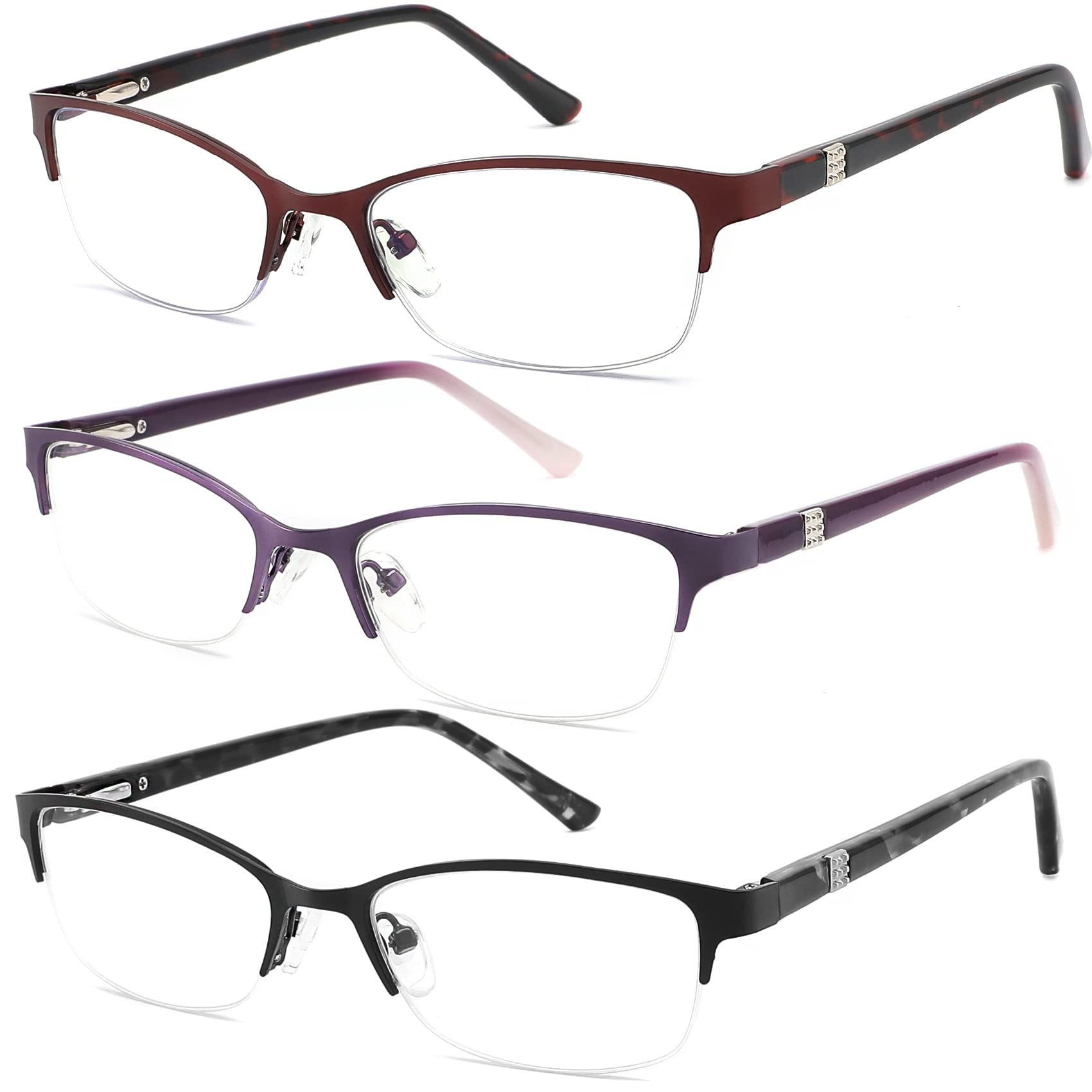 HOTJOJO 3 Pack Reading Glasses for Women Blue Light Blocking, Metal Oval Half Frame Womens Readers Glass with Spring Hinge, Anti Blue Ray Reduce Eye Strain Glare Headache(175 Magnification Strength)