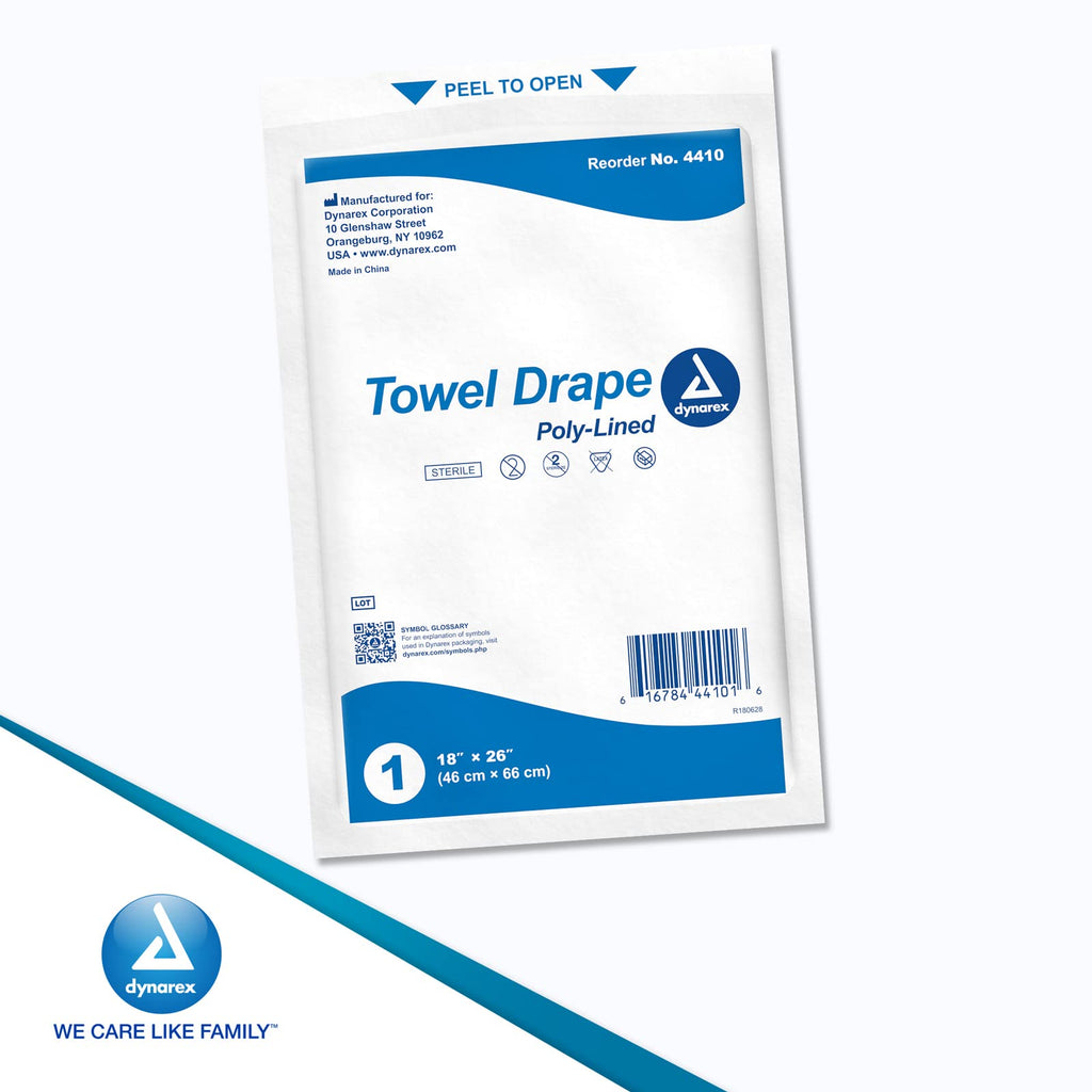 Dynarex Disposable Towel Drapes, Sterile, 18" x 26," for Medical & Surgical Use, Poly-Interlined Lining, Protect from Contaminants, 1 Box of 50 Drapes