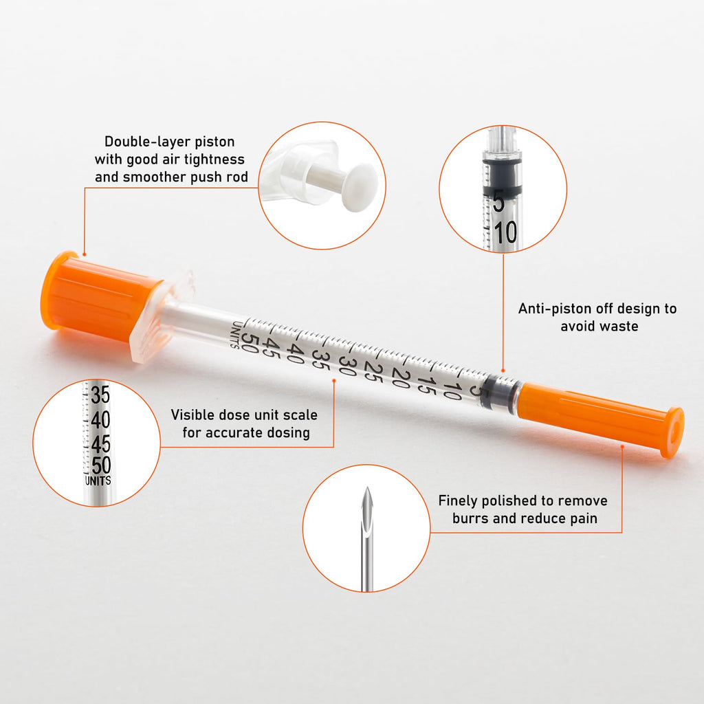 JIBENGAO Syringes 29Ga 0.5cc 1/2"(12.7mm)-Pack of 50