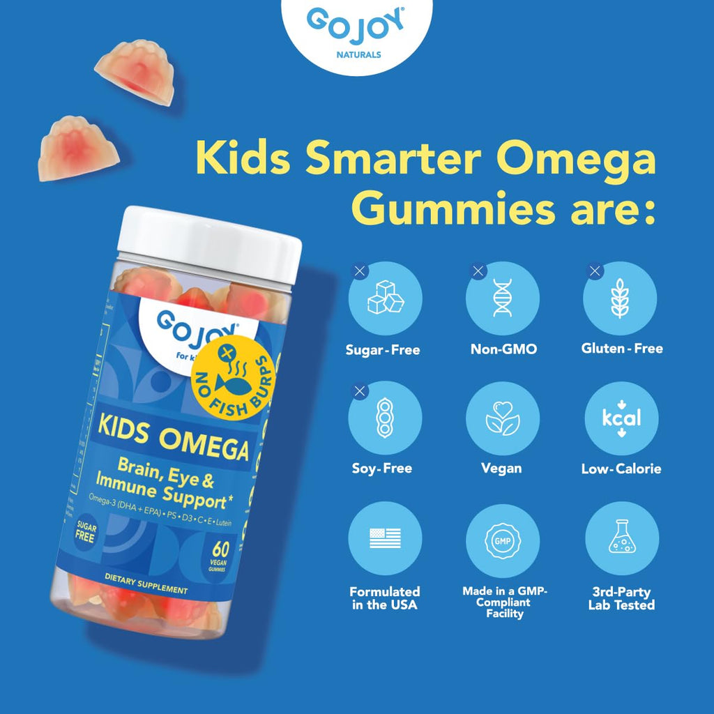 GOJOY Kids Omega 3 DHA Gummies – No Fish Burps, No Sugar – Brain, Eye & Immune Support – Plant-Based Omega-3 from Algae – Vegan, Clean DHA for Toddlers, Children & Kids Ages 3+
