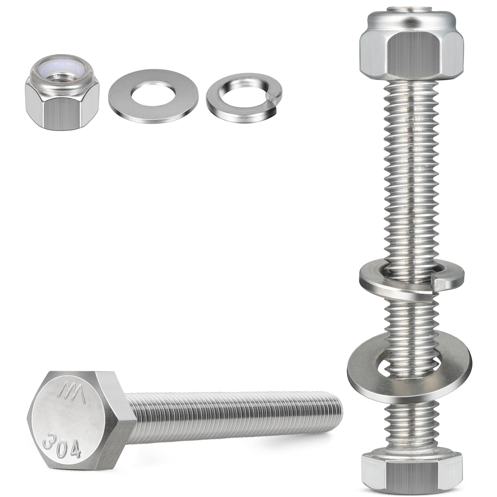 BNUOK (12 Sets) 1/4-20 x 4 Hex Head Screw Bolt,Lock Nuts,Flat & Lock Washers Kits,304 Stainless Steel 18-8,Fully Threaded