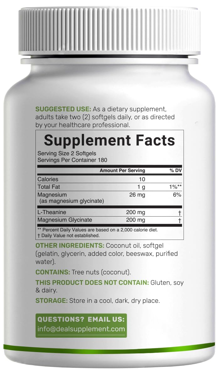 L-Theanine with Magnesium Glycinate, 360 Softgels | L-Theanine 200mg & Magnesium Glycinate 200mg per Serving | 2-in-1 Amino Acid & Mineral Complex | Made with Coconut Oil | Non-GMO, cGMP Manufactured
