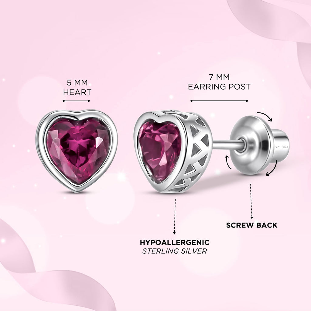 Heart Birthstone Screw Back Earrings, 925 Sterling Silver Hypoallergenic (June)