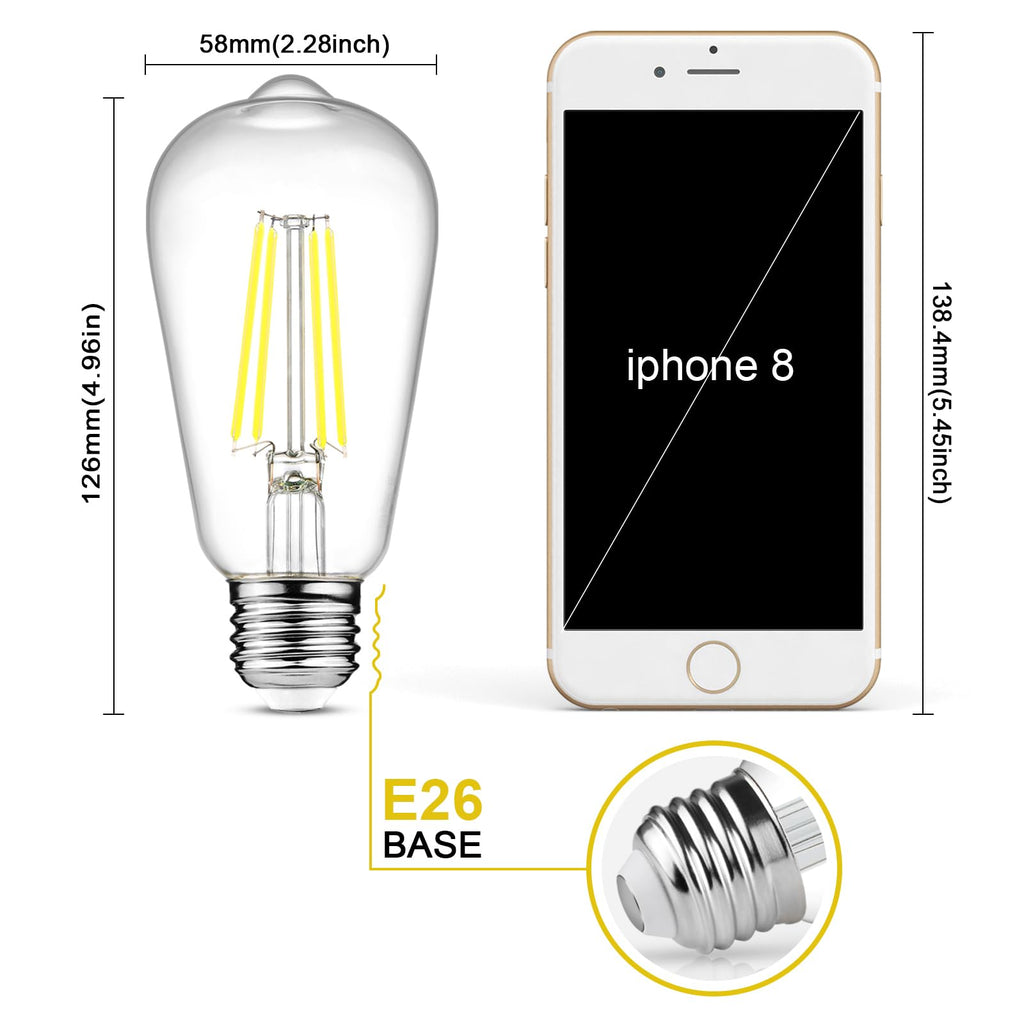 Ascher Vintage LED Edison Bulbs, 6W, Equivalent 60W, Non-Dimmable, Daylight 5000K, 700Lumens, ST58 Antique LED Filament Bulbs with 80+ CRI, E26 Medium Base, Clear Glass, Pack of 4