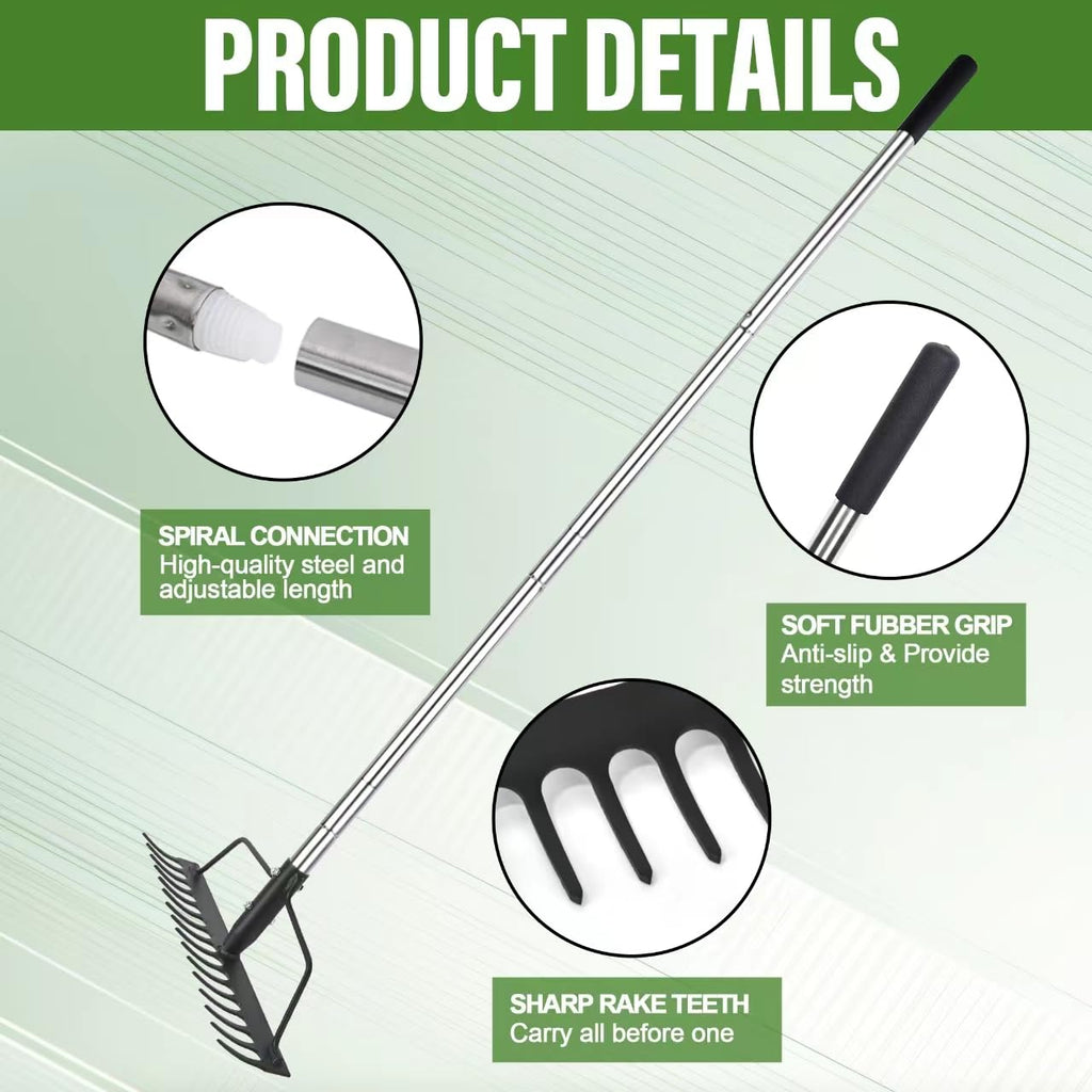 BARAYSTUS 15 Inch Wide Bow Rake, 16 Steel Tines Metal Head Rake Tool with Stainless Steel Handle, Adjustable Long Handle Garden Rake for Loosening Soil Leveling Mulch Gathering Lawns Leaves