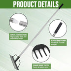 BARAYSTUS 15 Inch Wide Bow Rake, 16 Steel Tines Metal Head Rake Tool with Stainless Steel Handle, Adjustable Long Handle Garden Rake for Loosening Soil Leveling Mulch Gathering Lawns Leaves