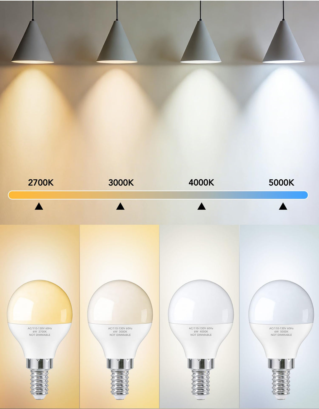A15 E12 Small Base LED Light Bulbs, 6W Non-dimmable 5000K Daylight 6 Pack