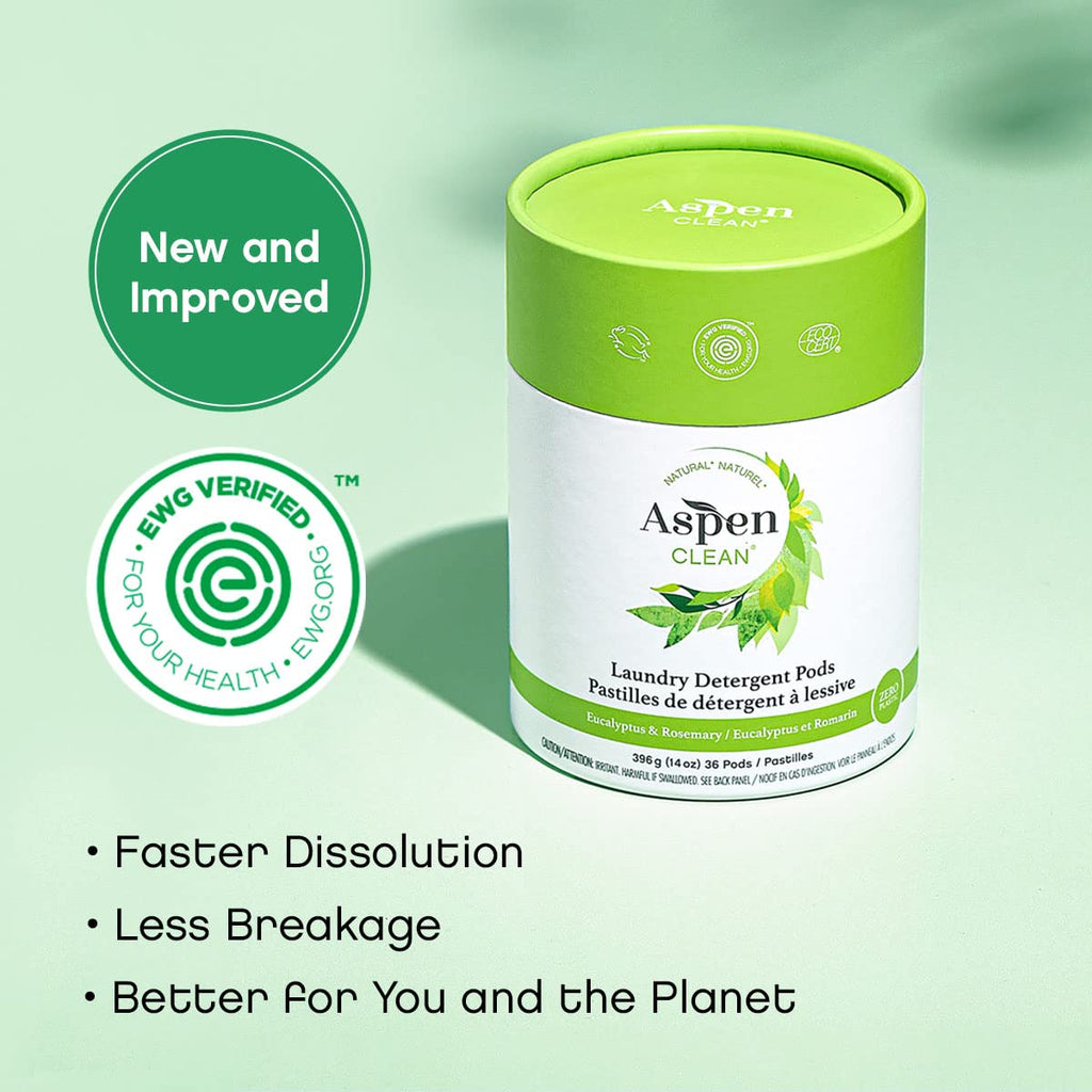 AspenClean | Laundry Pods | Eucalyptus and Rosemary | Clean Detergent for Sensitive Skin | Zero Plastic | Non - Toxic | 100% Natural | EWG Verified - 36 Count