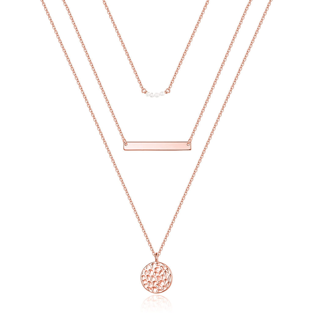 Turandoss Triple Layer Necklace for Women, Rose Pearl Bar Disc Pendant