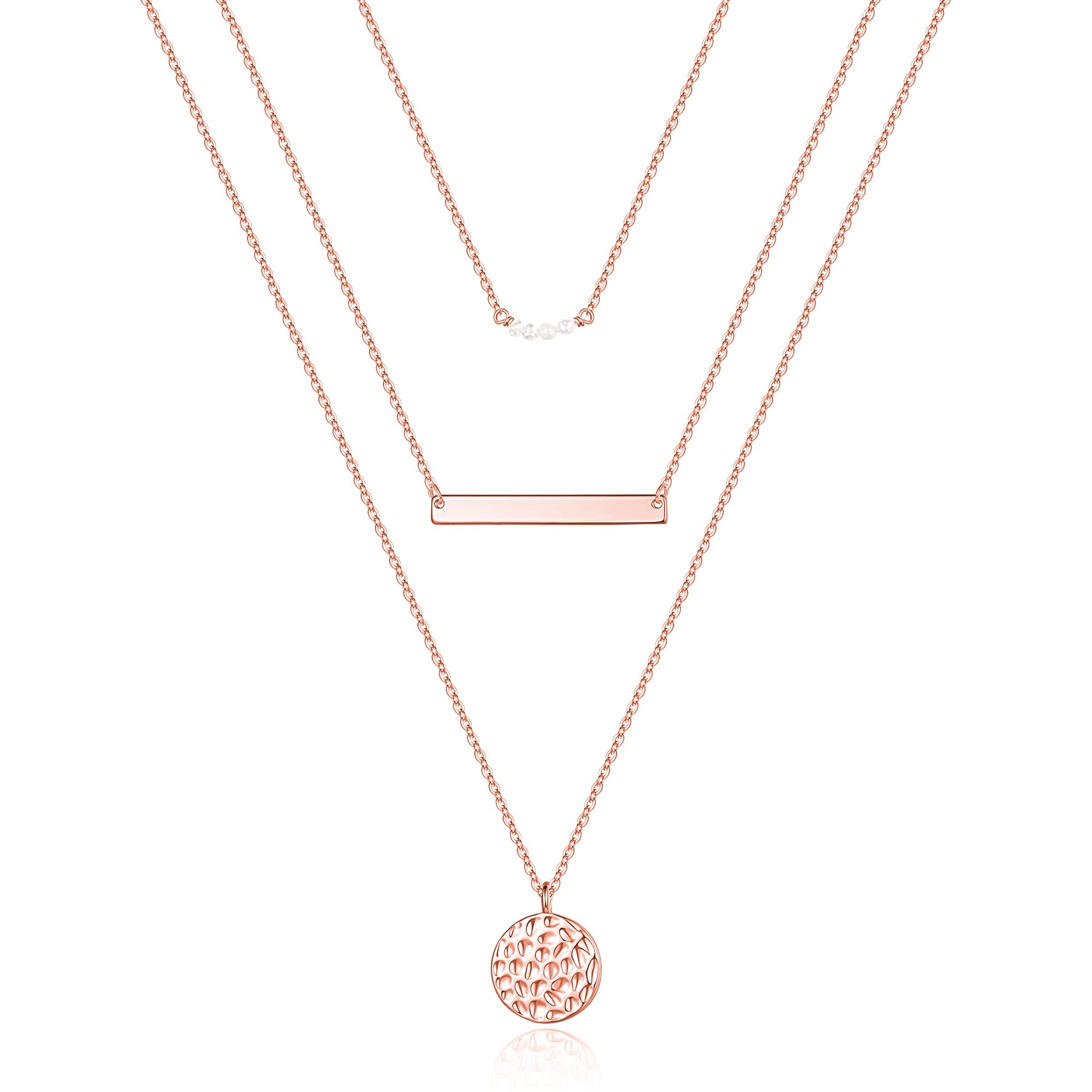 Turandoss Triple Layer Necklace for Women, Rose Pearl Bar Disc Pendant