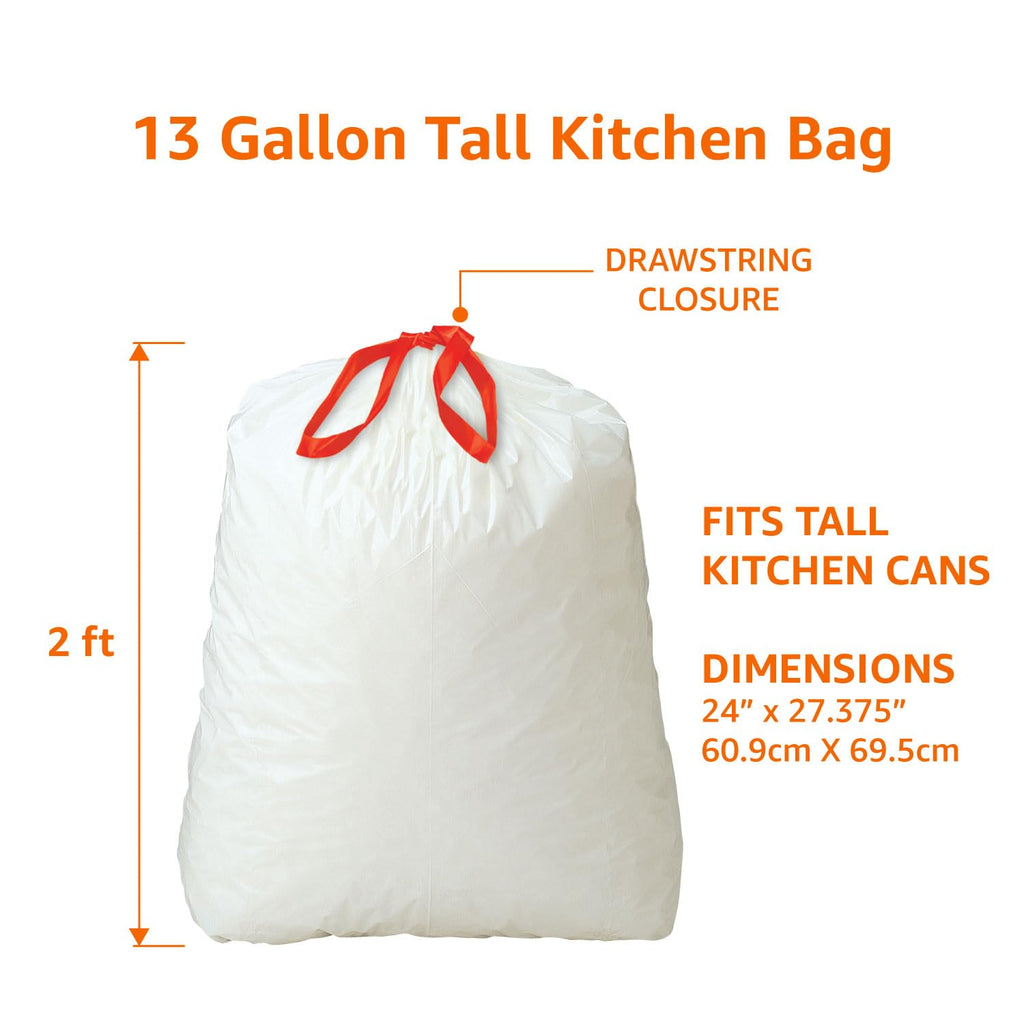 Amazon Basics 13 Gallon Tall Kitchen Drawstring Trash Bags, Clean Fresh Scent, 10% Post Consumer Recycled, 0.9 mil Thick, 200 Count