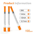 SYRIXA U-100 1 ml/cc Syringes 29G 1ml 1/2"(12.7mm), Individually Packed, Pack of 100