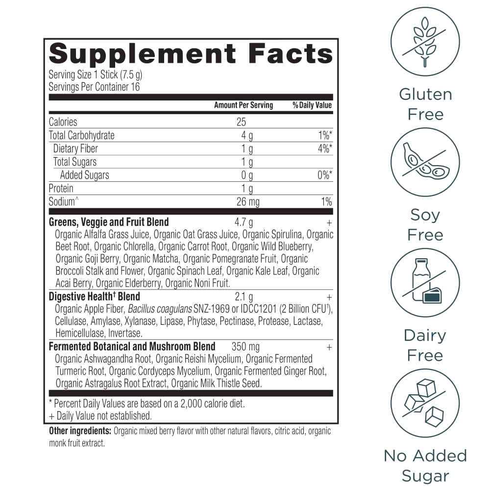 Ancient Nutrition SuperGreens Powder with Probiotics, Organic Berry Flavor Greens, Made from Real Fruits, Vegetables and Herbs, Digestive and Energy Support, 16 Stick Packs, 4.2oz
